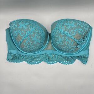 Cacique Lane Bryant Lightly Lined Floral Lace Strapless Crochet Teal Bra Size38F